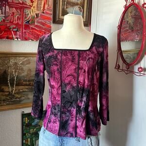 dressbarn purple black floral tie dye corset long sleeve top